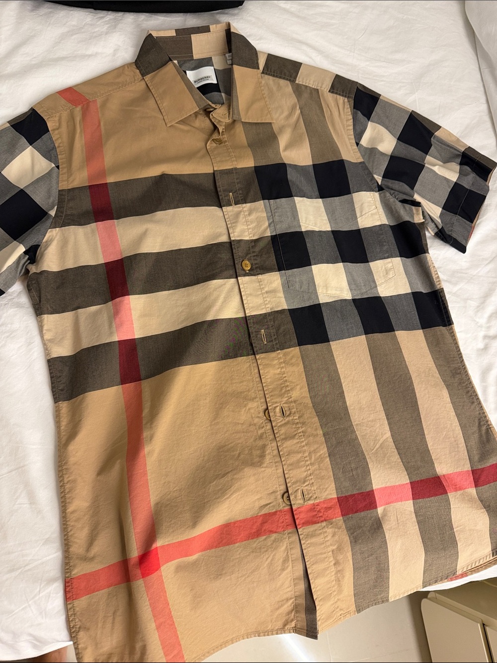 Burberry Short-Sleeve Check Button-Down Shirt in Beige, Black and Red